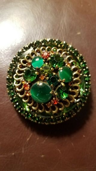 Vintage " Weiss " Gold Tone,  Green,  Red Faceted,  Prong Set Stones,  Pin Signed