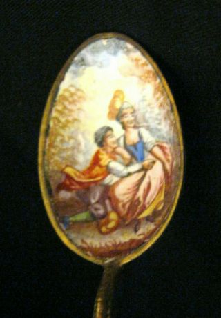 Antique Plated Italy Courting Couple Dbl Sided Enamel Miniature Souvenir Spoon
