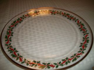 Vintage Christmas Holly Berry Glass Dinner Plates W/gold Trim 10 " Set Of 6