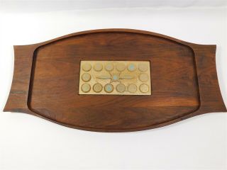 Culver Glass Signed Staved Teak Wood Tray Mid Century Modern Blue Gold Insert