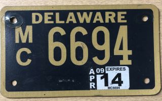 Delaware Motorcycle License Plate Mc 6694 Last Expired 2014