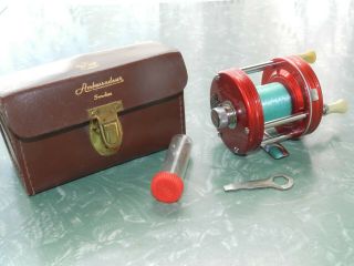 Vintage Ambassadeur Abu Garcia Red 5000 Fishing Reel Sweden Leather Case & Parts