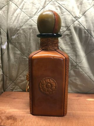 Vintage Mid Century Italian Leather Wrapped Lion ' s Head Decanter Bottle 2