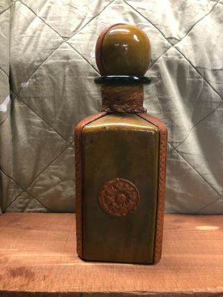 Vintage Mid Century Italian Leather Wrapped Lion ' s Head Decanter Bottle 3