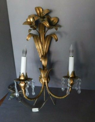 Vintage Victorian Gold Gilt Italy Florentine Crystal Wall Sconce Lily Light Fix