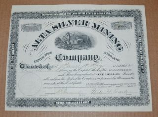 The Alta Silver Mining Company 1882 Antique Stock Certificate