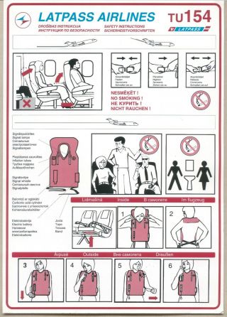 Safety Card Latpass Airlines Tupolev Tu - 154