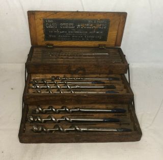 Antique Vintage James Swan Company Auger Drill Bit Wood Trifold Box No.  40 Swans