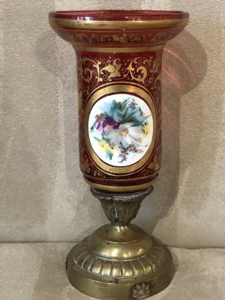 Antique Moser Art Glass Cranberry & Gold Enameled Medallion Vase / Candleholder