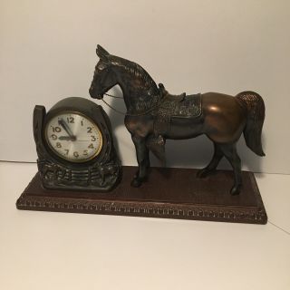 Antique Sessions Cast Metal Western Horse Mantle Clock Made In U.  S.  A.