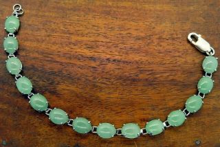 Vintage Sterling Silver Antique Cabochon Green Jade Link Charm Bracelet 8 1/2 "