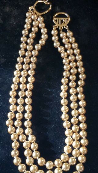 Vintage 1980s Kenneth Jay Lane Triple Strand Gold Tone Pearl Necklace