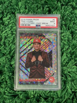 2018 - 19 Prizm Luck Of The Lottery Trae Young Rookie Rc Fast Break Disco Psa 9