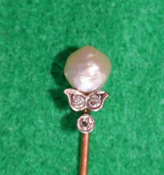 Victorian 14k Gold Platinum Top Natural Baroque Pearl & Diamonds Stick Pin
