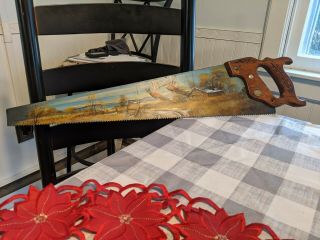 Vintage Hand Painted Saw Folk Art Old Country Farm Scene,  Rustic Decor