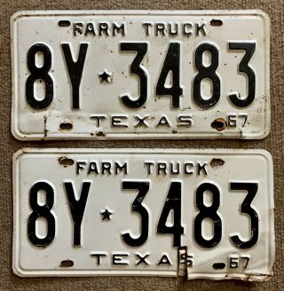 Vintage 1967 Texas License Plate Farm Truck White/black No 8y 3483