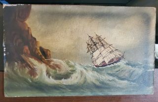 Very Old Antique Oil Painting On Board Of A Ship -