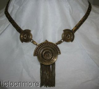 Antique Art Deco Etruscan Egyptian Revival Sun Discs Choker Necklace Gold Filled