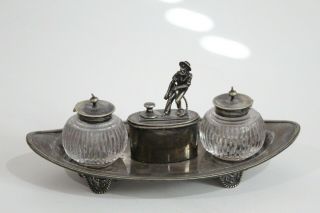 Antique Old English Silverplate Inkwell 2 Glass Wells Man Pulling Rope Art Deco