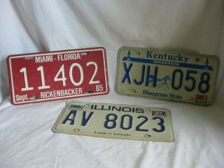 3 Vintage License Plate Car Vehicle Auto Plates Miami Florida Kentucky Illinois