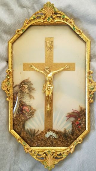 Vtg Religious Convex Bubble Glass Metal Picture Frame Jesus Crucifix Cross 1930