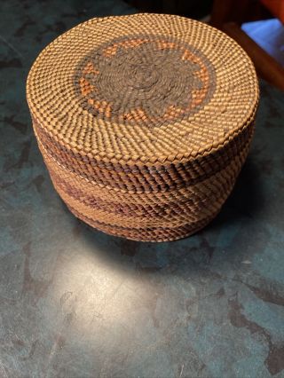 Antique Northwest Coast? Makah? Native American Lidded Basket Very Fine Weave