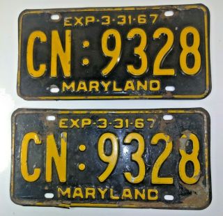 1967 Pair Maryland License Plate Tag Number Cn 9328 Vintage Md
