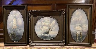 Set Of 3 Vintage Jennifer Jackson Oil Paintings Clipper Ship Lighthouse Fishing