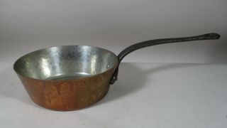 Vintage Antique French Copper Pot Pan Tin Hand Hammered Cast Iron Handle 2.  5mm