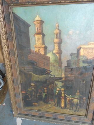 Big Antique Middle Eastern Arab Oriental Tangiers Market Painting Signed