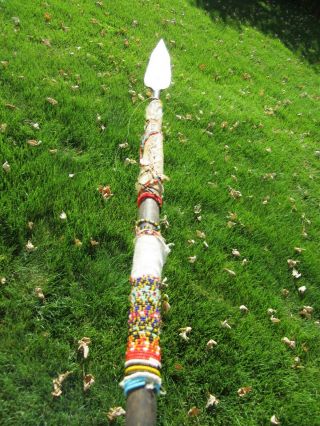 Antique Hide Decorated Beaded African 39 " Hand Forged Iron Spear Lance