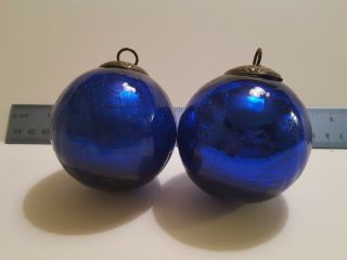 2 Vintage Kugel Style Cobalt Blue Crackle Glass Heavy Christmas Ball Ornaments