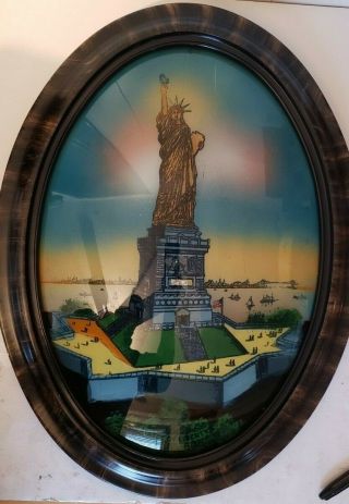 Antique Statue Of Liberty Reverse Painting On Oval Convex Glass Framed 24 " X 19 "