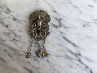 Very Unusual Vtg Silver Tone Peacock Brooch/broach With Tassel &stone