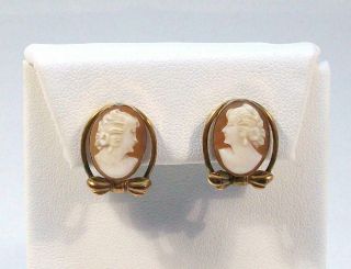 Vintage Van Dell Signed Gold Filled Real Carved Shell Cameo Screw Back Earrings