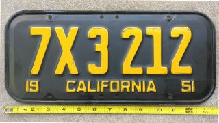 1951 Ca California Auto License Plate 7x3 212 - Yellow On Black