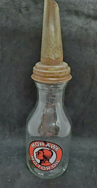 Mohawk Glass Motor Oil Bottle With Tin Master Spout & Cap Vintage Style.