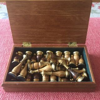 Antique Wooden Metal Chess Set Portable Hand Carved Board Storage Box 3.  5” King