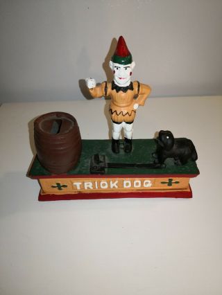 Fun Vintage Trick Dog Cast Iron Mechanical Bank Dog Clown Barrel