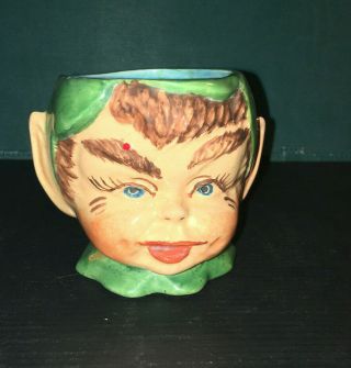 Vintage 1960 ' s ELF PIXIE Head Cup / Vase - Green & Brown - California - Twig Handle 3
