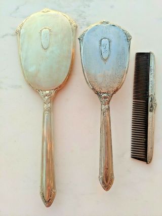 Vintage Sterling Silver 3 Piece Dresser Vanity Set Mirror Brush Comb Mono " L "