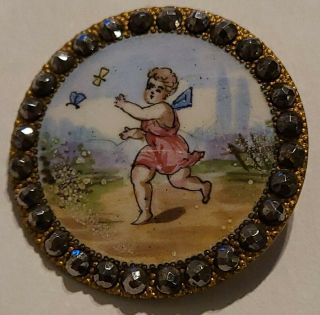 1800s Victorian Hand Painted Porcelain Button Cut Steel Girl Chasing Butterflies