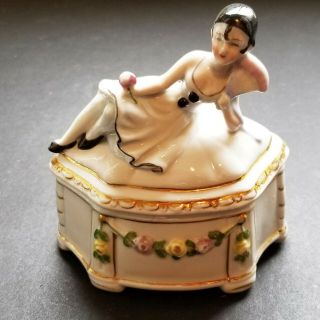 Vintage Porcelain Powder Box Art Deco Style With Lady Holding Fan Marked Germany