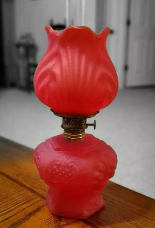 Antique Victorian Glass Ruby Satin Mini Oil Lamp.  C.  Late 1800 