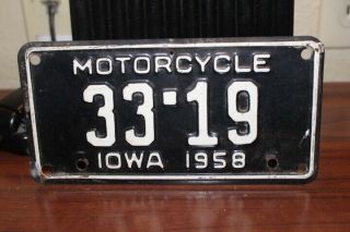 Vintage 1958 Iowa Motorcycle Metal License Plate Harley Davidson Gas Oil Sign