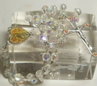 Vintage Chapel Sterling Silver Aurora Borealis Crystal Bead Catholic Rosary Set