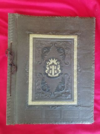 Antique Leather Bound Embossed Book Empty Blank Large Scrapbook Album 15 " X 12 "