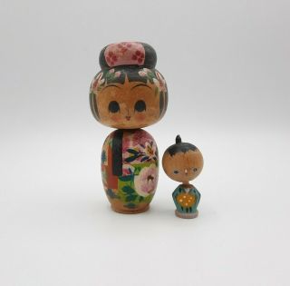 Vintage Set Of 2 Wooden Kokeshi Dolls Mother Son Child Japan
