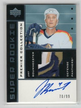 2002 - 03 Ud Premier 82 Rookie Rc Patch Auto /99 Jay Bouwmeester Sick Logo