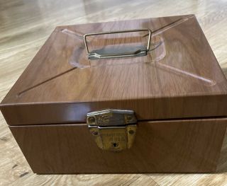 Vintage Porta File Tin Metal Document Holder Storage Box Brown Wood Grain Lock